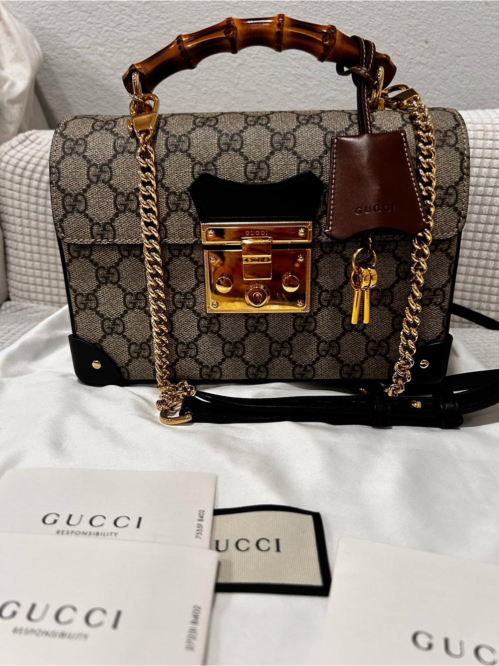 Authentic Gucci GG Monogram Supreme Padlock Small Satchel Bag